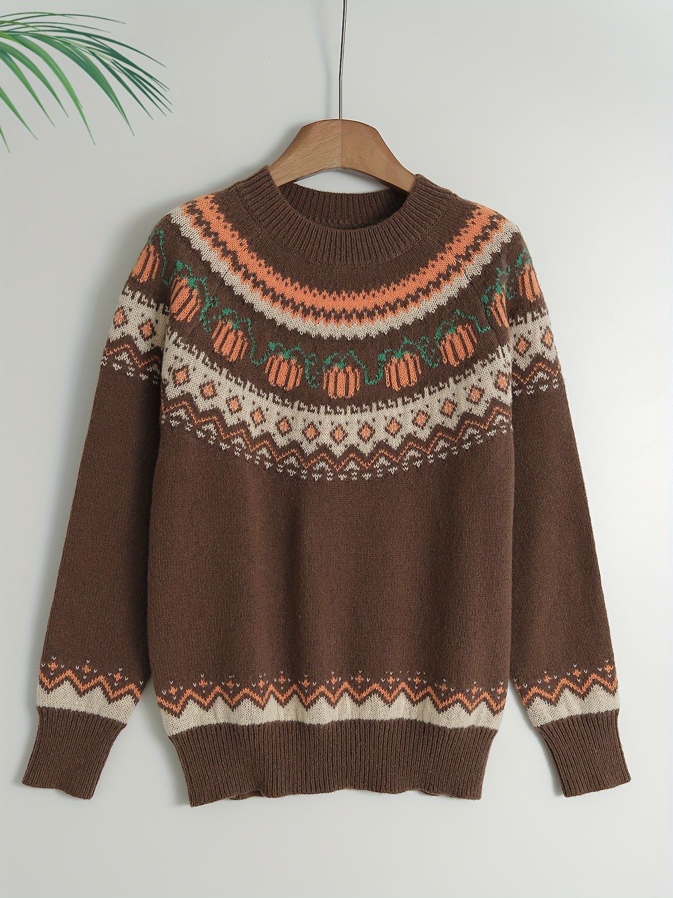 Halloween Abstract Pumpkin Sweater - Casual Acrylic Knit Pullover with Round Neck, Long Sleeves, Color Block Design, Regular Fit for Fall/Winter Season - Jack Pumpkin