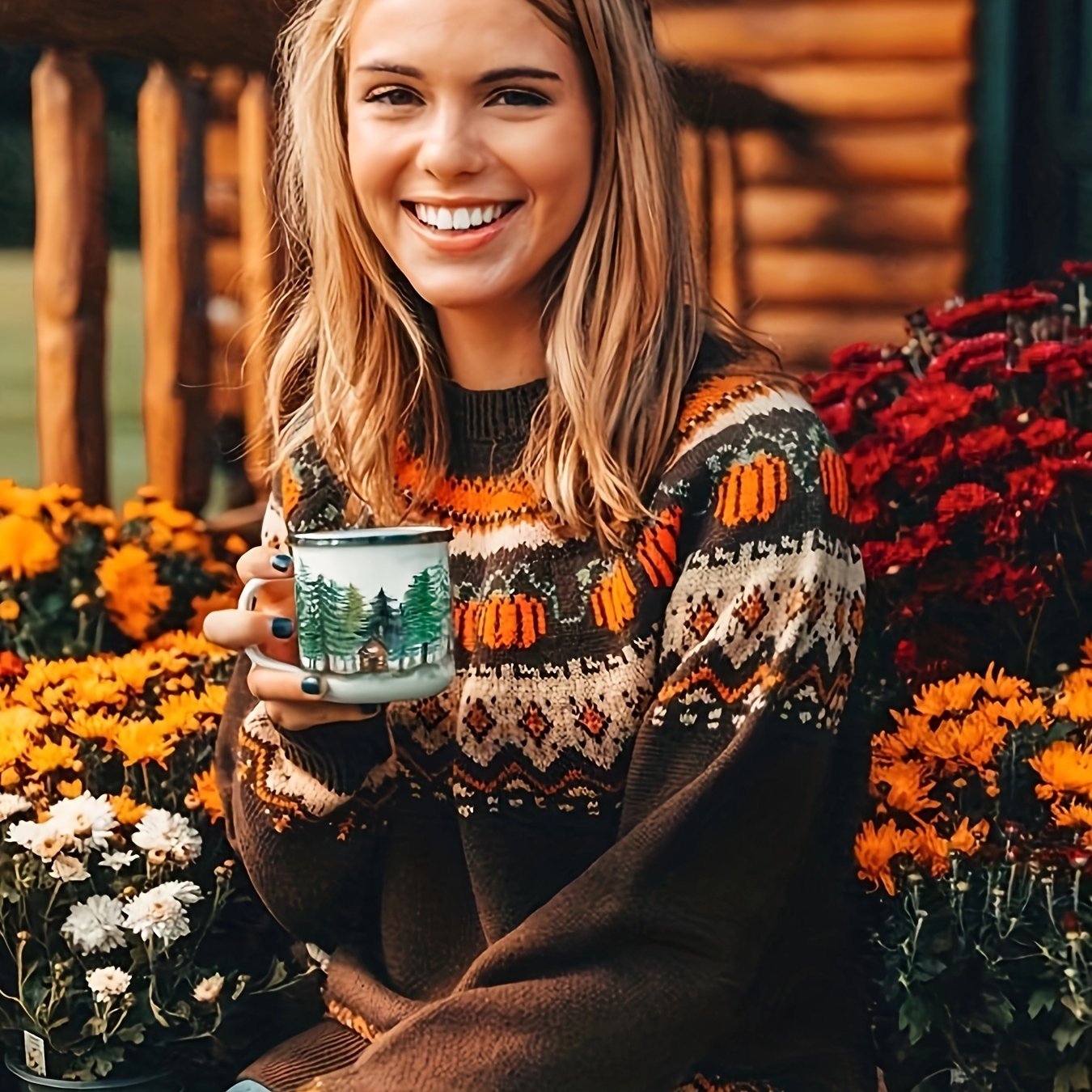 Halloween Abstract Pumpkin Sweater - Casual Acrylic Knit Pullover with Round Neck, Long Sleeves, Color Block Design, Regular Fit for Fall/Winter Season - Jack Pumpkin