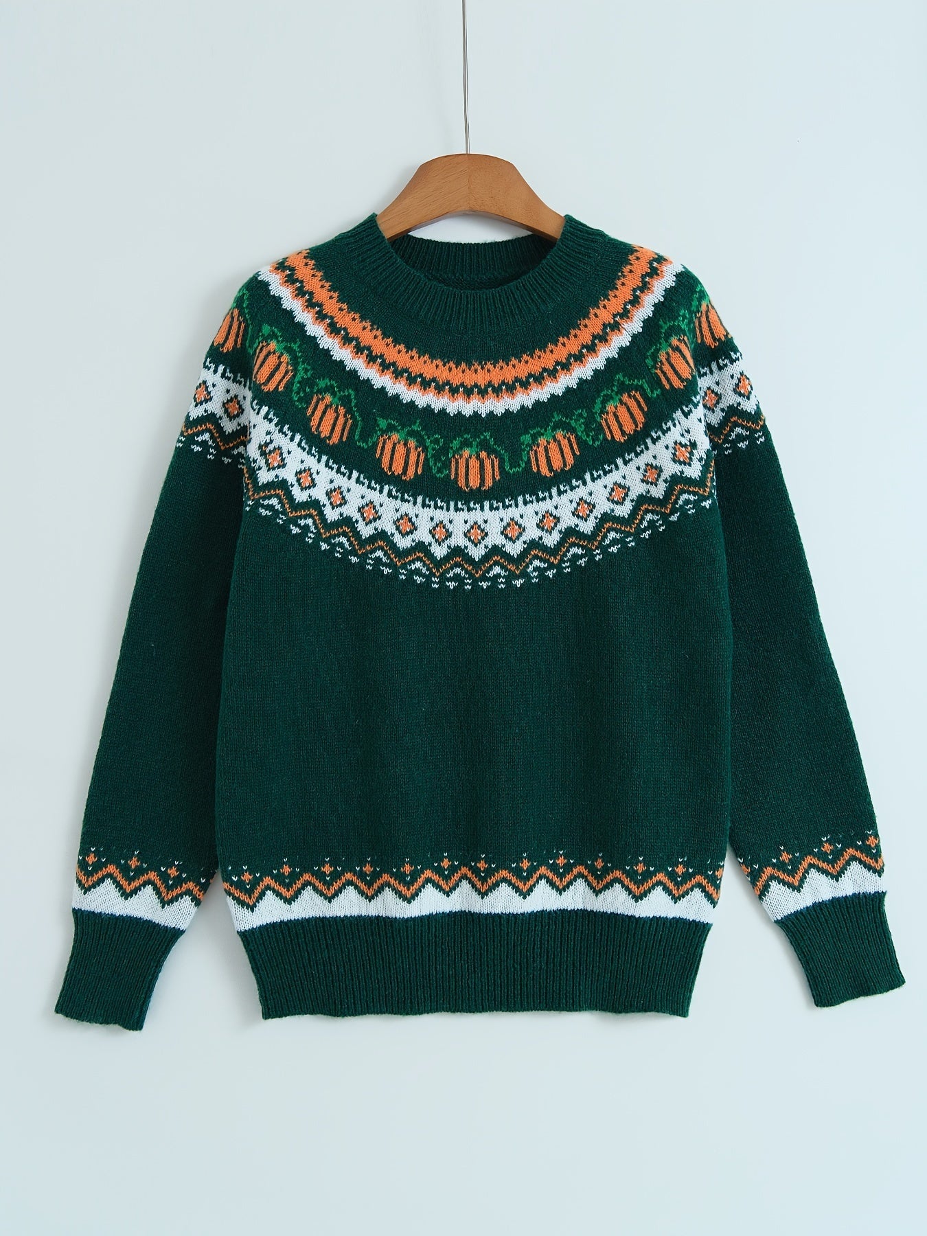 Halloween Abstract Pumpkin Sweater - Casual Acrylic Knit Pullover with Round Neck, Long Sleeves, Color Block Design, Regular Fit for Fall/Winter Season - Jack Pumpkin