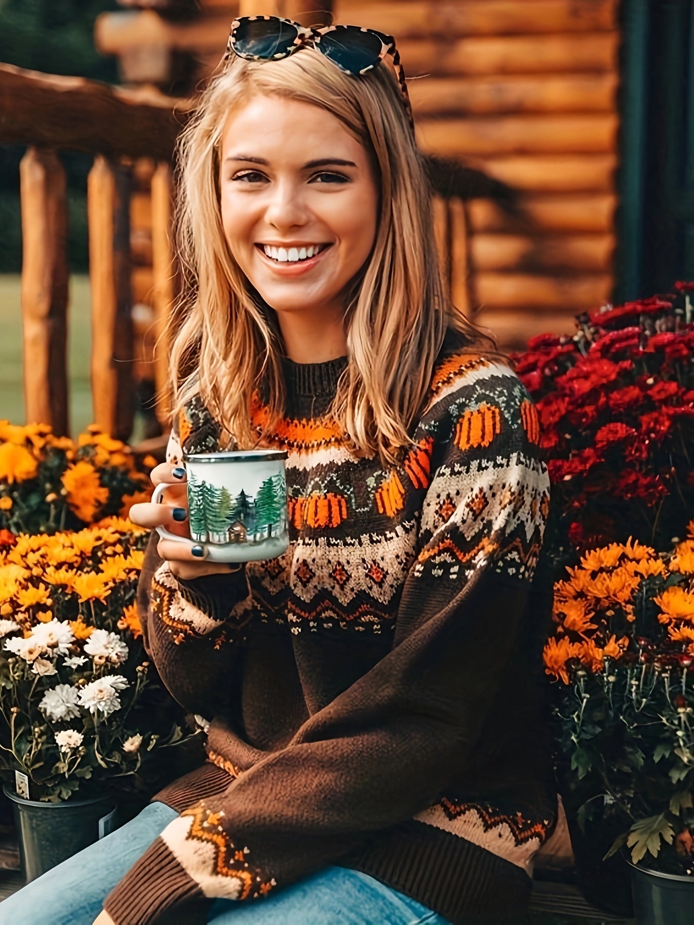Halloween Abstract Pumpkin Sweater - Casual Acrylic Knit Pullover with Round Neck, Long Sleeves, Color Block Design, Regular Fit for Fall/Winter Season - Jack Pumpkin