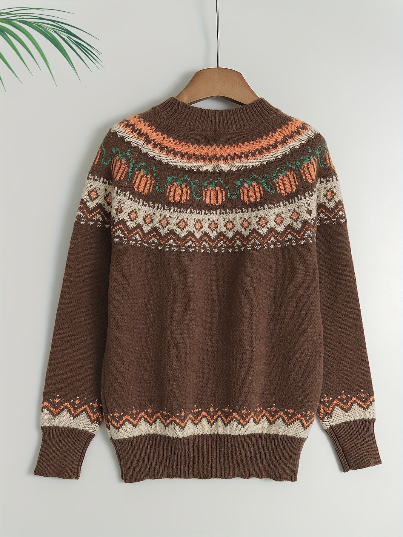 Halloween Abstract Pumpkin Sweater - Casual Acrylic Knit Pullover with Round Neck, Long Sleeves, Color Block Design, Regular Fit for Fall/Winter Season - Jack Pumpkin