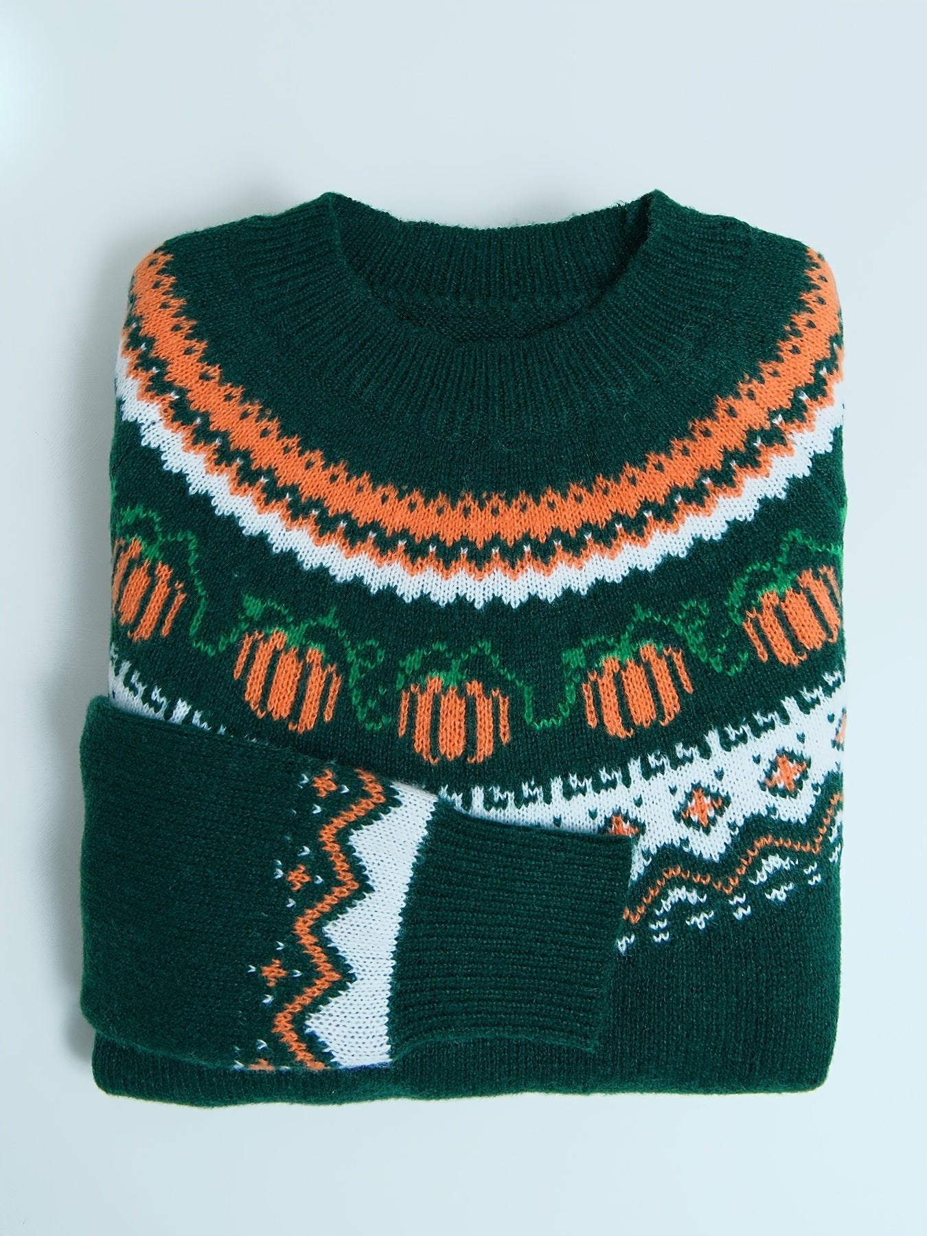 Halloween Abstract Pumpkin Sweater - Casual Acrylic Knit Pullover with Round Neck, Long Sleeves, Color Block Design, Regular Fit for Fall/Winter Season - Jack Pumpkin