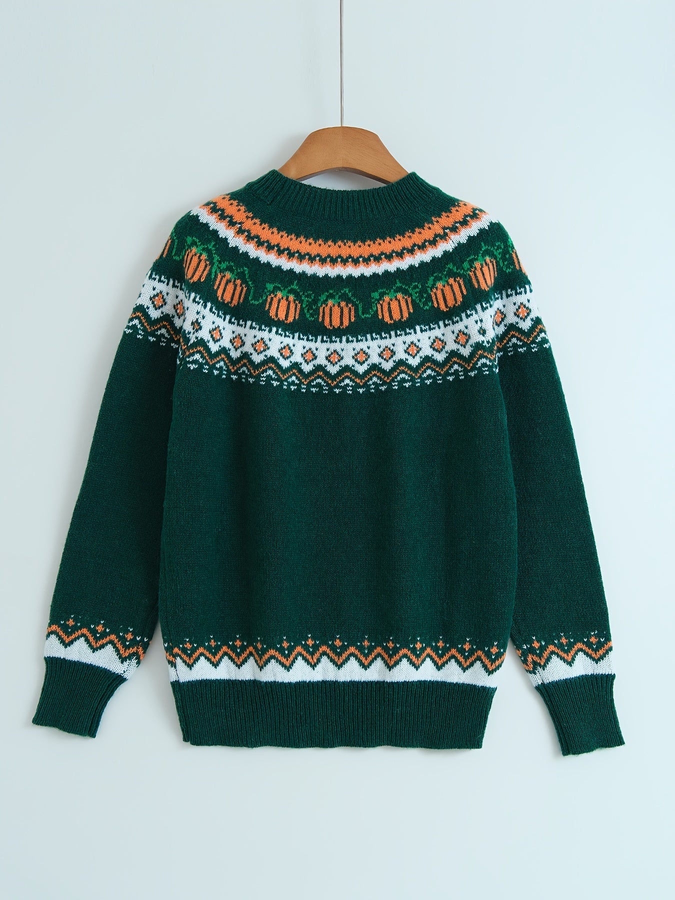 Halloween Abstract Pumpkin Sweater - Casual Acrylic Knit Pullover with Round Neck, Long Sleeves, Color Block Design, Regular Fit for Fall/Winter Season - Jack Pumpkin