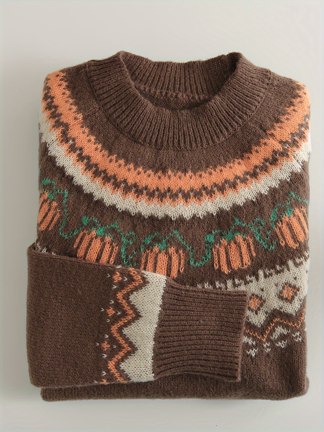 Halloween Abstract Pumpkin Sweater - Casual Acrylic Knit Pullover with Round Neck, Long Sleeves, Color Block Design, Regular Fit for Fall/Winter Season - Jack Pumpkin